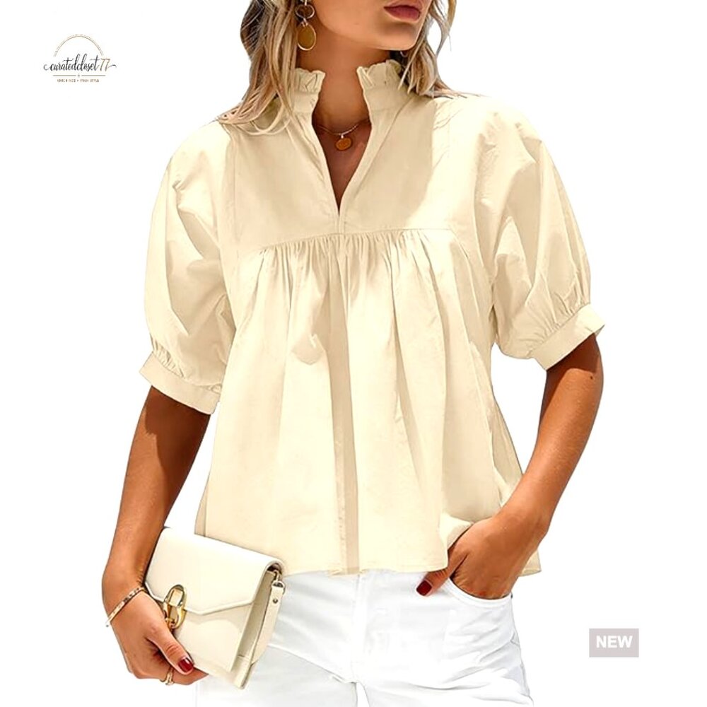 Puff Sleeve Blouse V-Neck Ruffle Babydoll Peplum Top Loose Fit Cotton